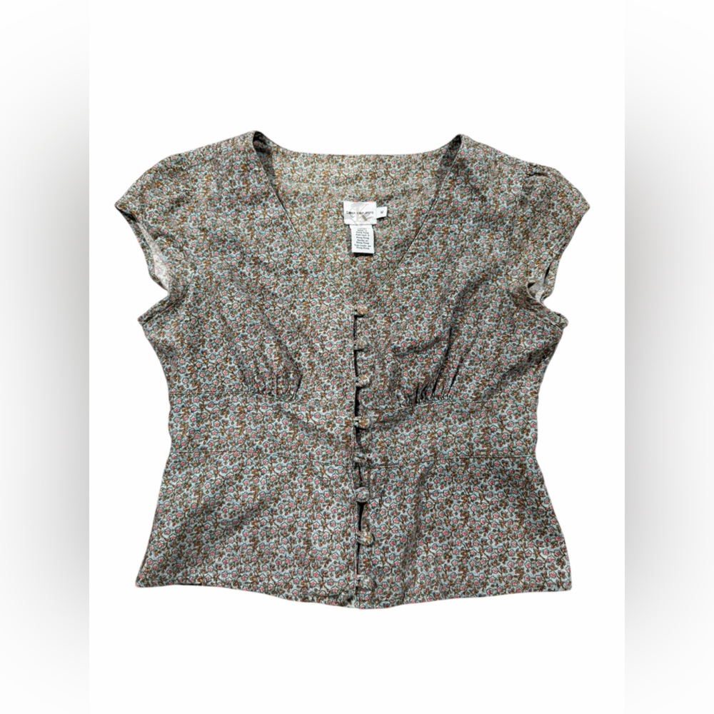 Vintage Calvin Klein Green Floral Button-Front Cap Sleeve Top
